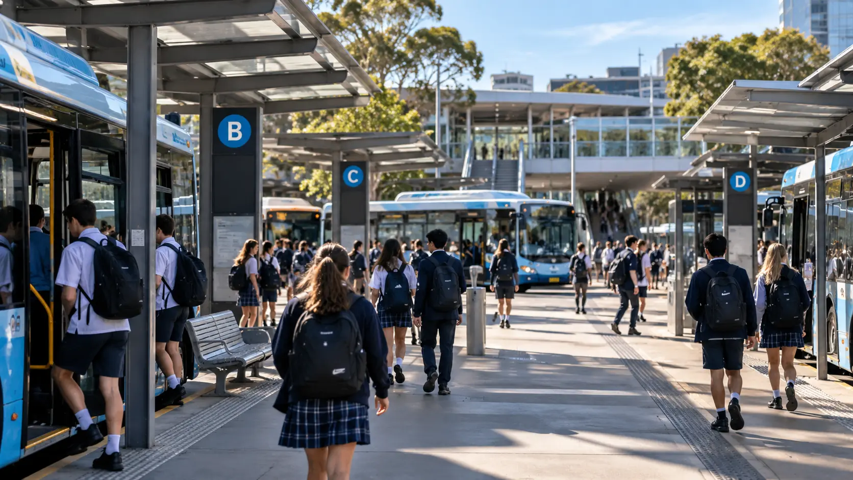 NSW school students moving through a busy bus interchange
