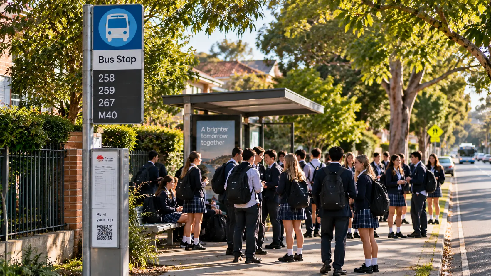 NSW school students gathered at a suburban bus stop