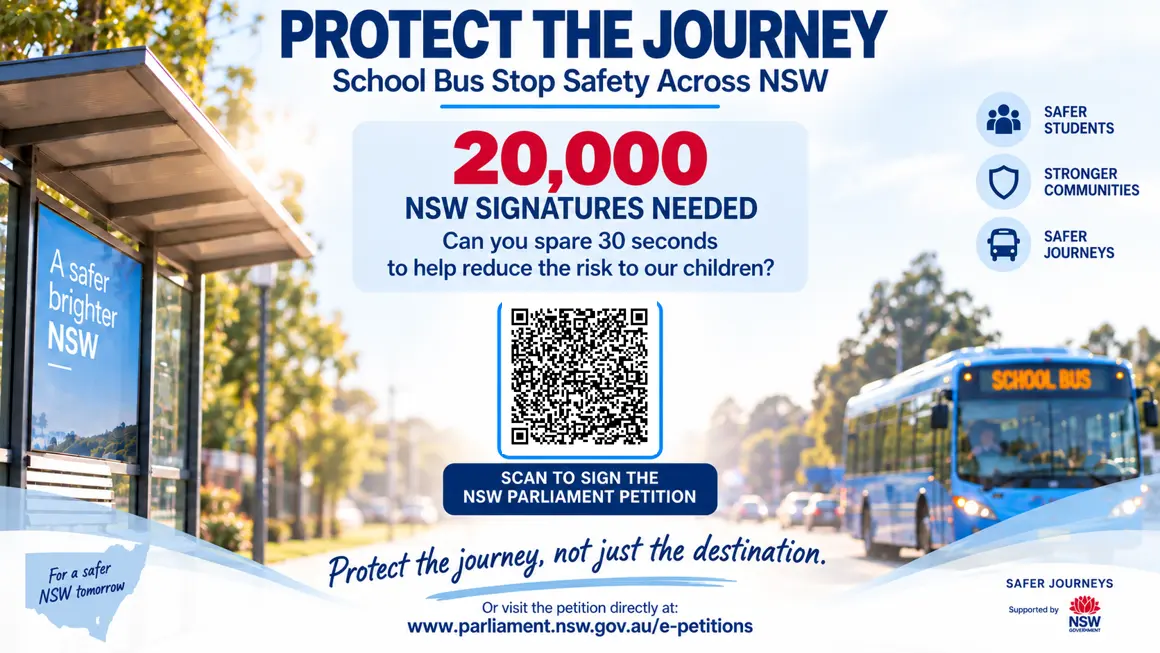 Protect the Journey campaign artwork calling for 20,000 NSW signatures for safer school bus stops